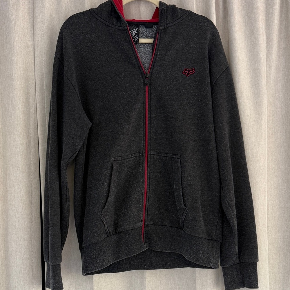 Fox Men's Charcoal Zip-Up Hoodie with Crimson Highlights